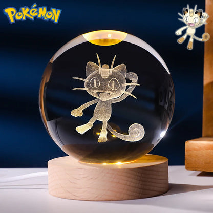 6CM Pokemon 3D Crystal Ball Figure Toy Anime Gengar Rayquaza Pikachu Lugia Vaporeon Glass Ball Model Night Light Room Decoration