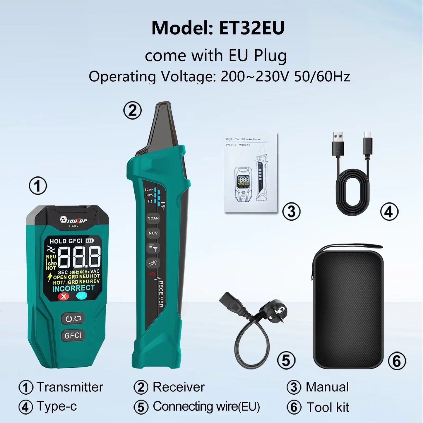 TOOLTOP ET32 Digital Circuit Breaker Finder Neutral/Live Wiring Detect GFCI Outlet Tester US/EU/UK Socket Voltage Measurement