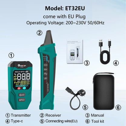 TOOLTOP ET32 Digital Circuit Breaker Finder Neutral/Live Wiring Detect GFCI Outlet Tester US/EU/UK Socket Voltage Measurement