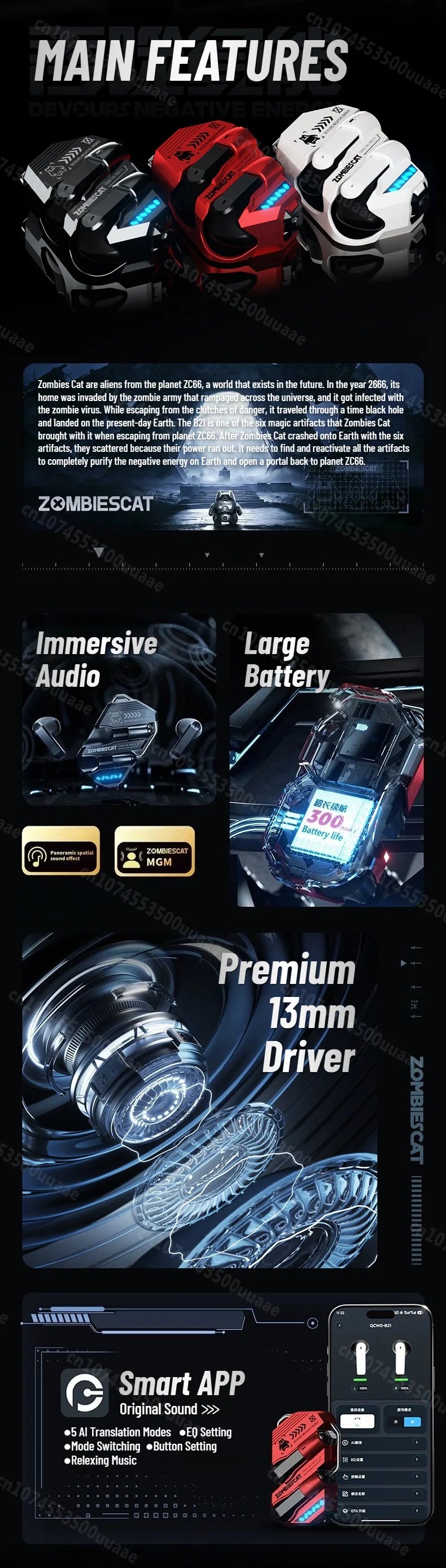 Zombies Cat Real Time Ai Translator Headphone Alloy Mecha Bluetooth 6.0 Earphone Immersive Stereo TWS Wireless Earbuds with APP