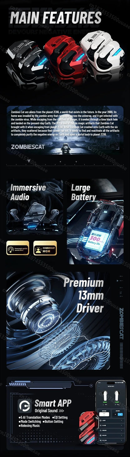 Zombies Cat Real Time Ai Translator Headphone Alloy Mecha Bluetooth 6.0 Earphone Immersive Stereo TWS Wireless Earbuds with APP