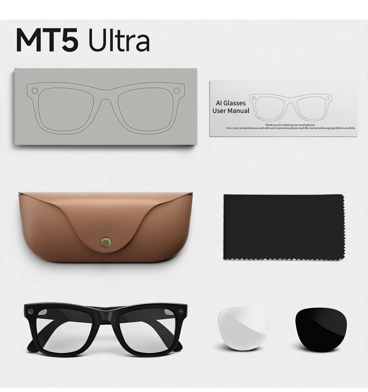MT5 Ultra AI Smart Glasses 8MP Camera Video Recording Real-Time Translation Bluetooth Call Music with Charging Case