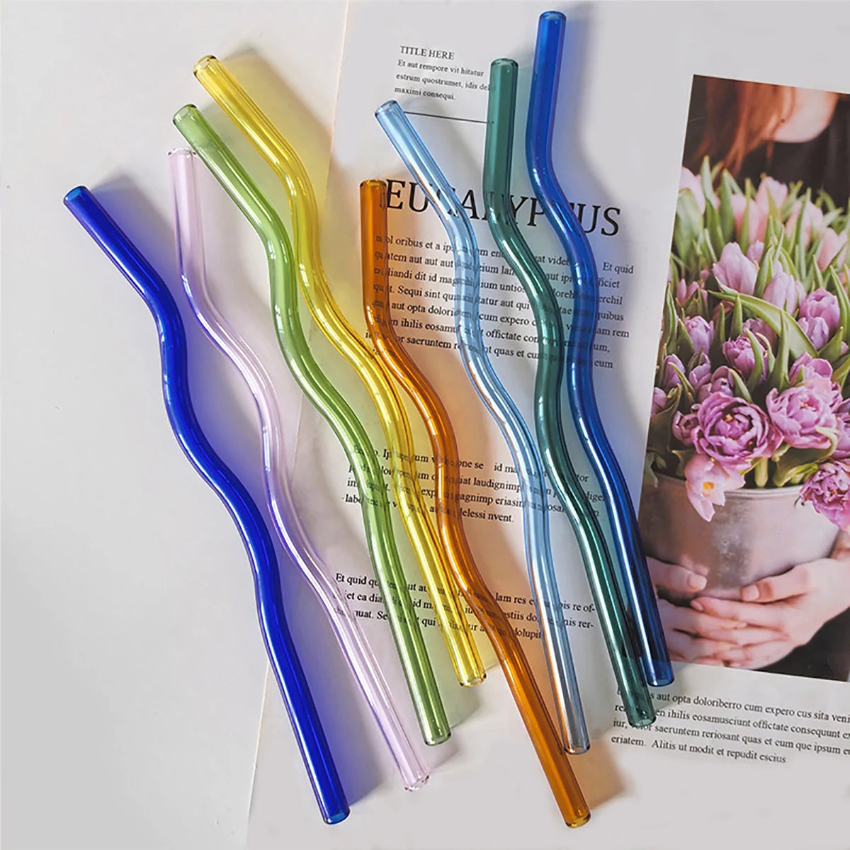4pcs 200*8mm Glass Straws Wavy Colorful Drinking Straw Set with Brush High Borosilicate Glass Straw Kitchen Party Bar Drinkware