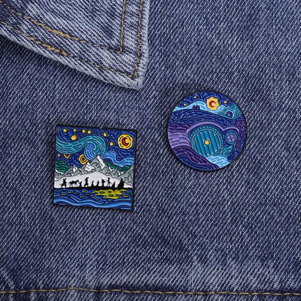 Blue Night Sky Oil Painting Enamel Pins Creative Cartoon Landscape Brooch Lapel Badges Animal Jewelry Gift for Friends