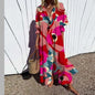 Women's Elegant Plus Size Pleated Short Sleeve V Neck Long Dresses Sweet Style High Waist Printed Dress Female Casual Loose Gown