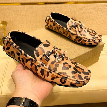 Fashion Red Leopard Leather Casual Shoes Man Designer Tassels Loafers Men Comfortable Slip-on Men's Driving Shoes  Leopard