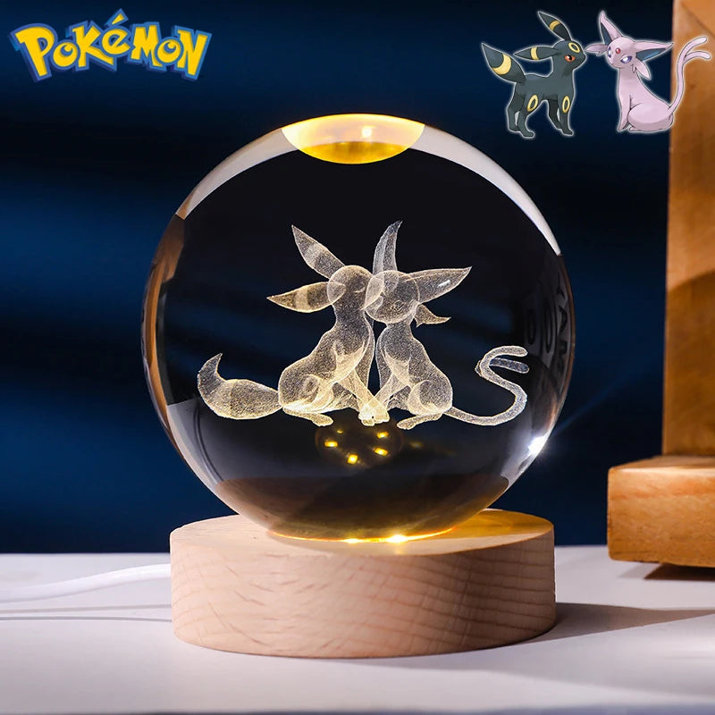6CM Pokemon 3D Crystal Ball Figure Toy Anime Gengar Rayquaza Pikachu Lugia Vaporeon Glass Ball Model Night Light Room Decoration