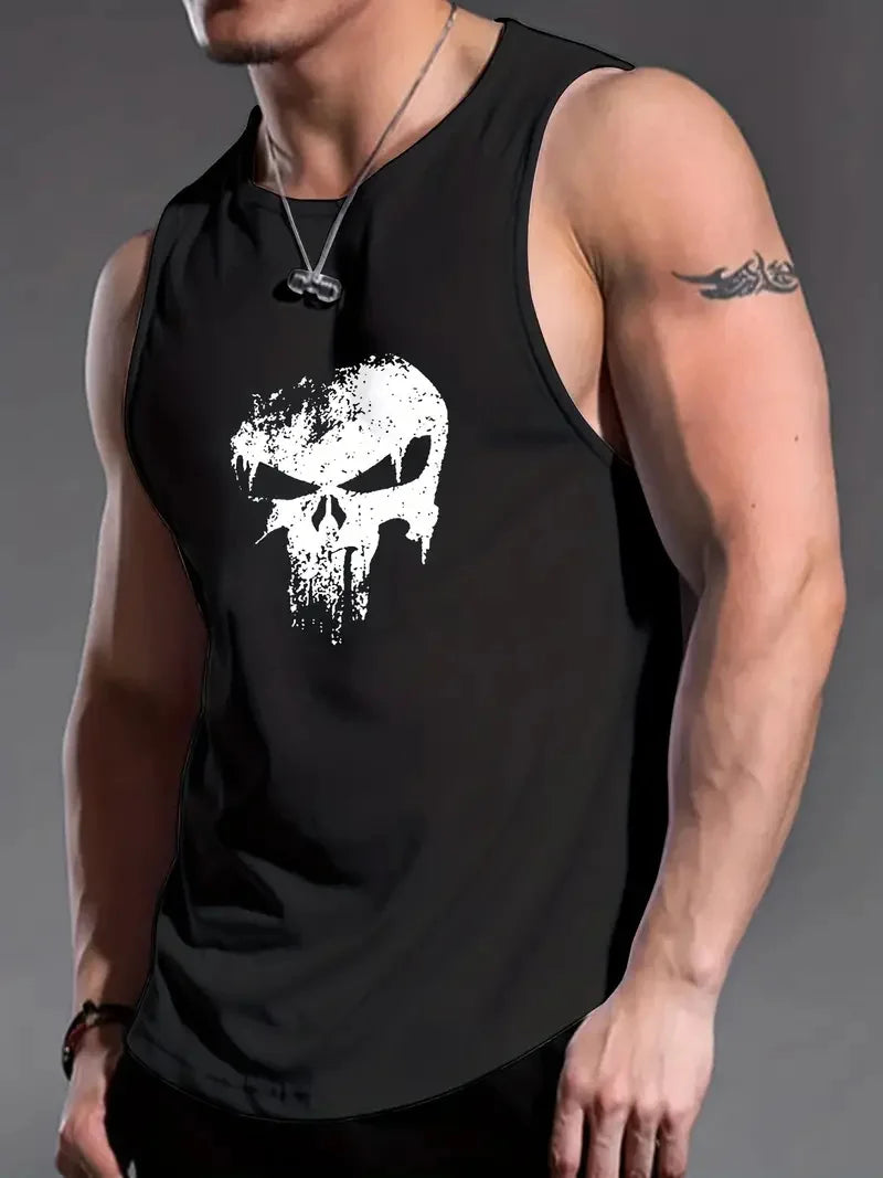 Men's Solid Color 3D Skull Print Sleeveless Round Neck Top For Daily Sports and Fitness Fashionable Round Neck Breathable Vest