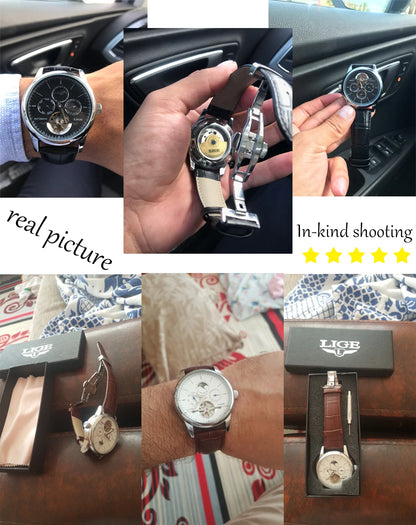 LIGE Men Watches Automatic Mechanical Watch Tourbillon Clock Genuine Leather Waterproof Watch Men Military Wristwatch Man