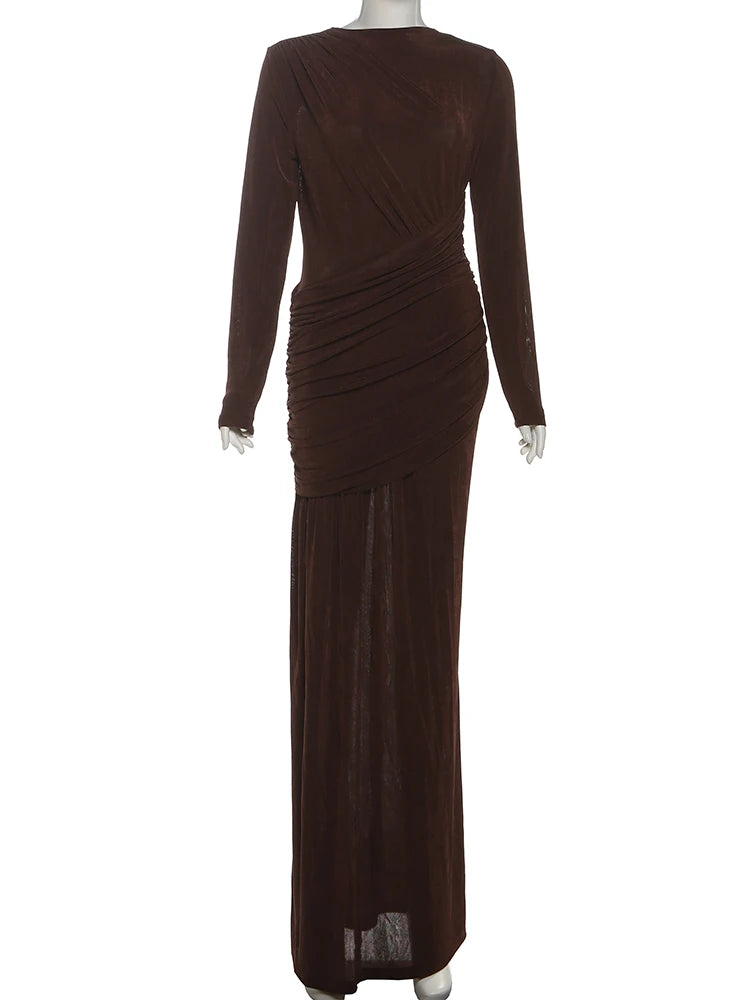 Nibber Folds Maxi Dress Women o-Neck Full Sleeve Solid Banquet Elegant Vacation Fashion Autumn Skinny Casual Simple Vestidos