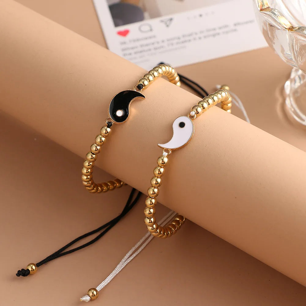 Couple Bracelets Rings Yin Yang Tai Chi Alloy Pendant Adjustable Braid Chain Necklace Matching Lover Bracelet Necklace Earring