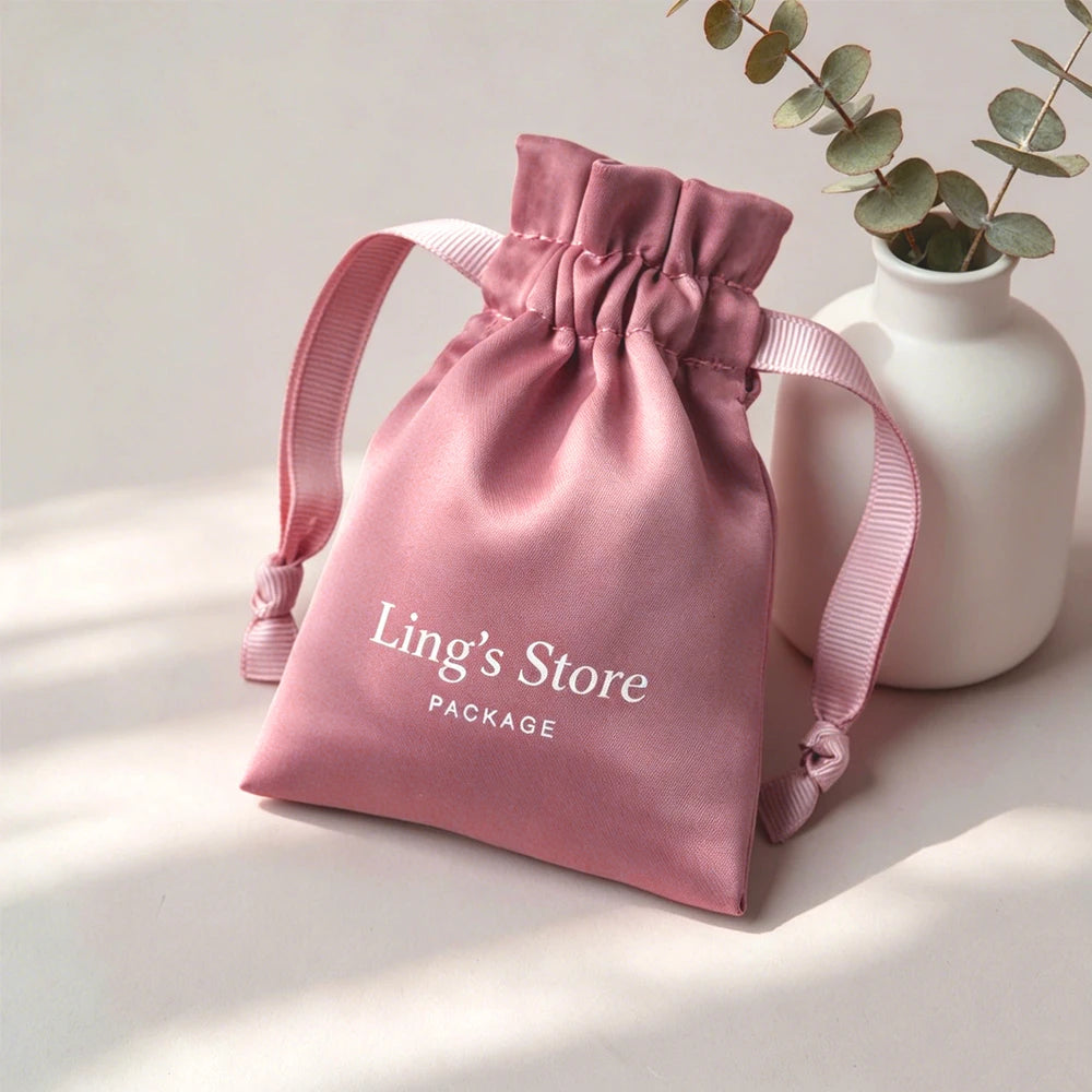 100Pcs Personalized Logo Jewelry Packaging Silk Satin Drawstring Bag Wedding Favors Candy Gift Pouch Ring Bracelet Cosmetic Sack