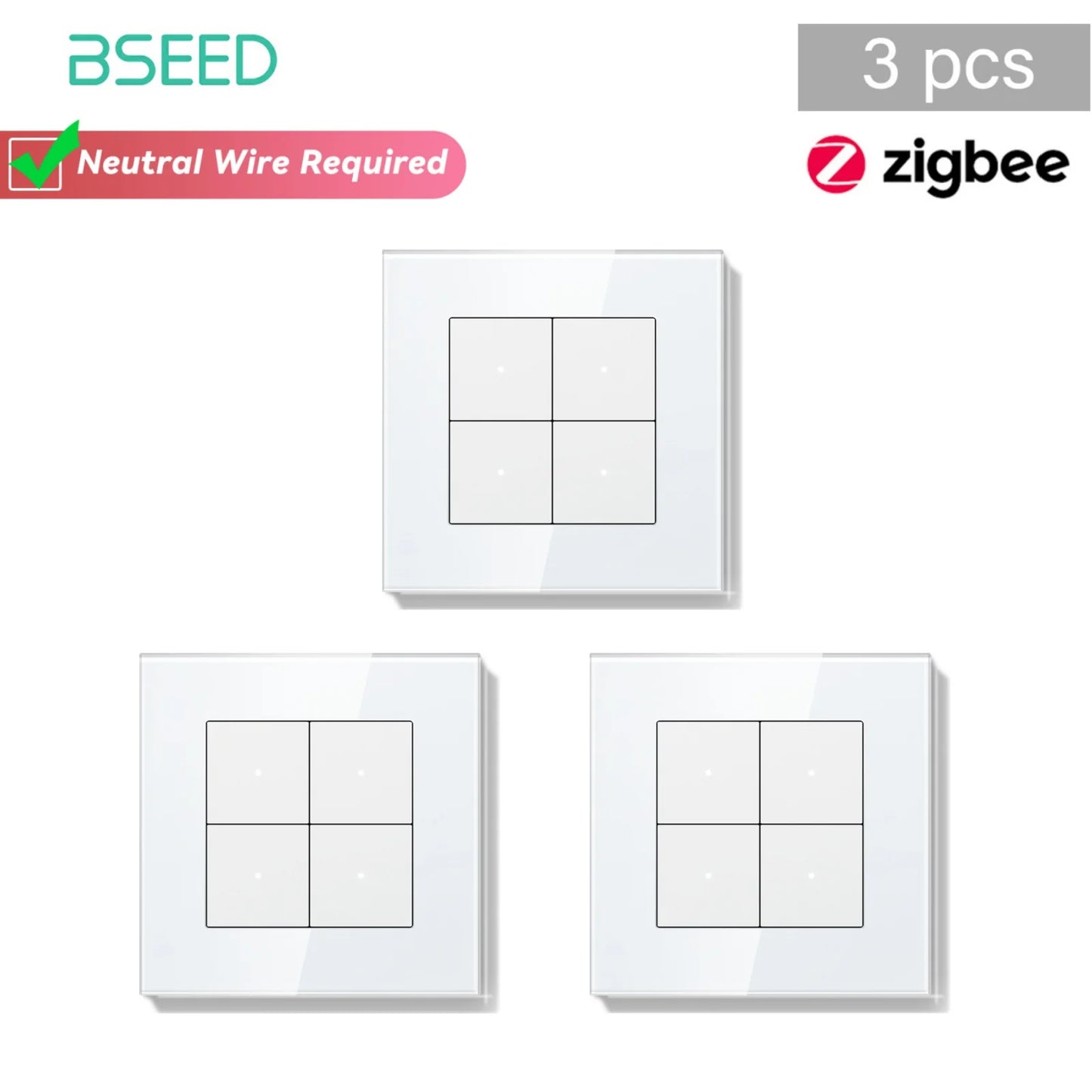 Bseed Zigbee Button Switchs Need Neutral Wire Tuya Smart Life Alexa App Control Glass Frame 86*86mm White Light Switch