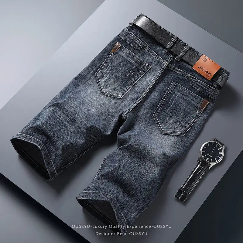 Summer Thin Men's Denim Shorts Cotton Straight Casual Baggy Knee Pants Trendy Work Cargo Bermuda Mid-Length Jeans Jorts Man