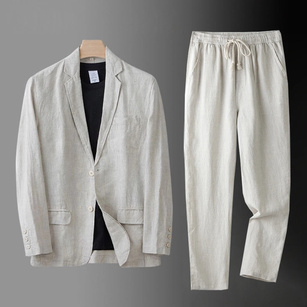 High Quality Men Blazer Jacket and Pants Man Linen Blazer  2 Piece Suit Spring Summer Thin Style Fashion Casual Set Long Sleeve