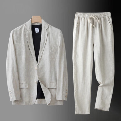 High Quality Men Blazer Jacket and Pants Man Linen Blazer  2 Piece Suit Spring Summer Thin Style Fashion Casual Set Long Sleeve