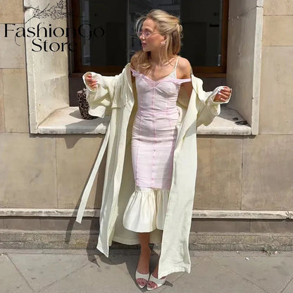 Lace Hem Corset Style Long Dress Skin Tone Mesh Vertical Stitch Slim Mid Length Silhouette 2026 Summer Holiday Women Daily Wear