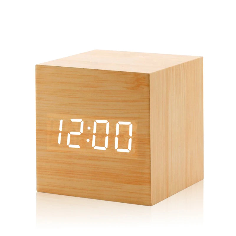 Voice Control  Wooden Digital Alarm Clock TEMP Date 3 Alarms Desktop Electronic Table Clock 12/24H USB Powered LED Bedside Clock