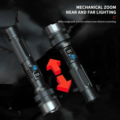 900000LM Powerful LED Flashlight Type-c Rechargeable Zoom Torch with Digital Display Handheld Flashlights for Camping Hiking