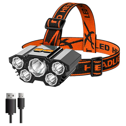 5 LED Flashlight Rechargeable with Built in Lithium Battery Strong Head Light Camping Adventure Fishing Cycling Headlamp