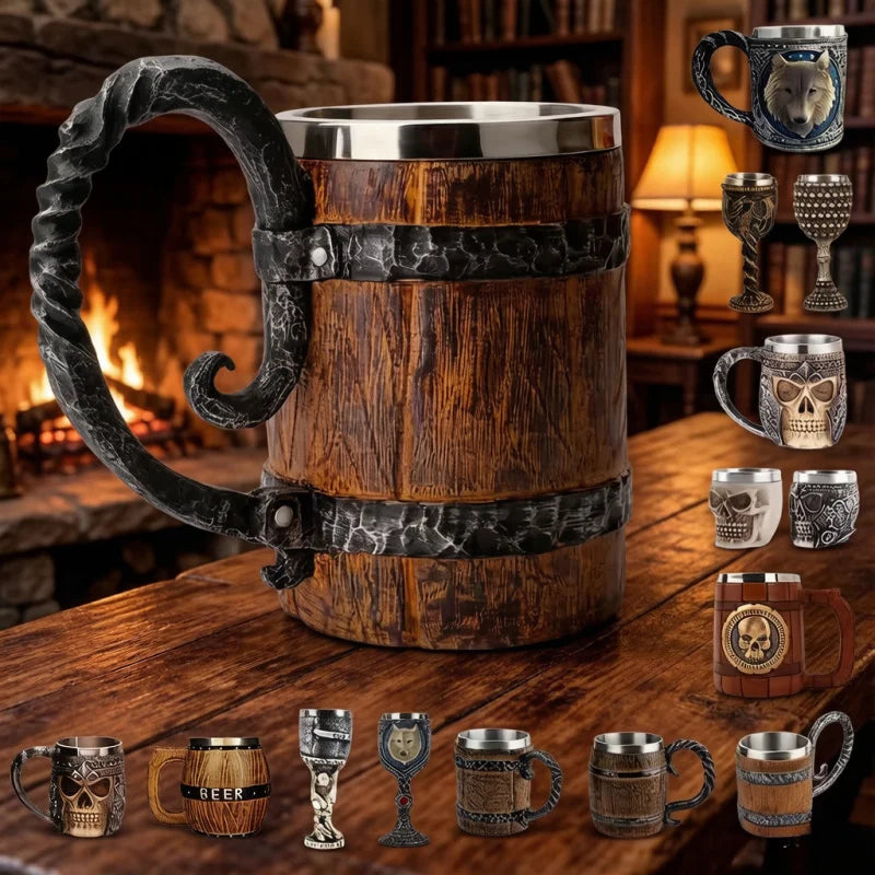Viking Wood Style Beer Mug, Simulated Wooden Barrel Double Wall Metal Insulated Cup, 1Pc Bar Drinking Mug