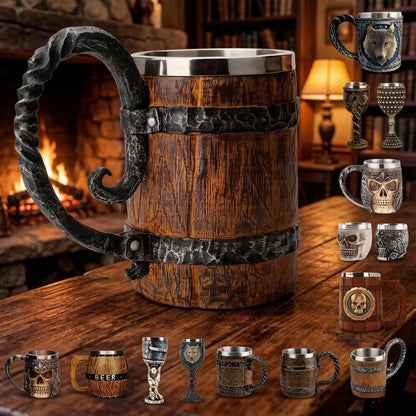 Viking Wood Style Beer Mug, Simulated Wooden Barrel Double Wall Metal Insulated Cup, 1Pc Bar Drinking Mug