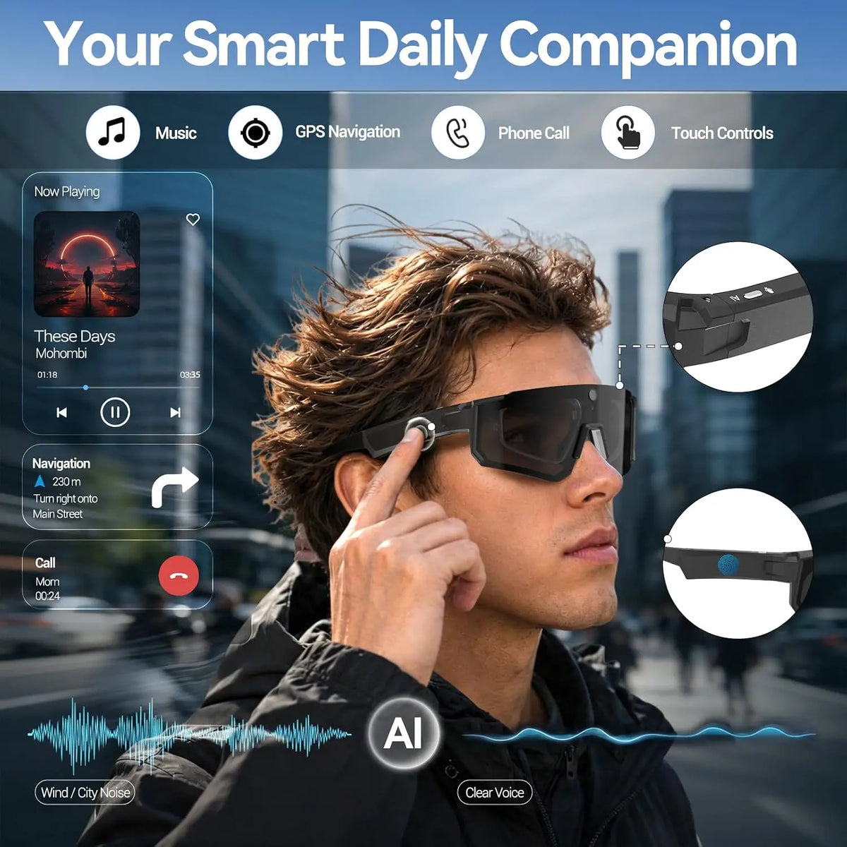 New AI Smart Glasses With Camera 1200P Video Recording Anti-Shake Shooting Sunglasses Bicycle Riding Windproof Goggles Men Women
