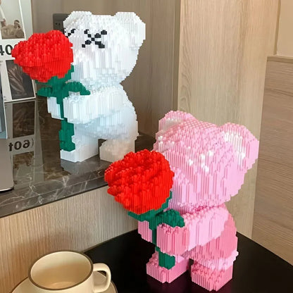 Cute Cartoon Pink Flower Teddy Bear Building Block Toy Educational Toy for Kids Couple Gift Desktop Decorations