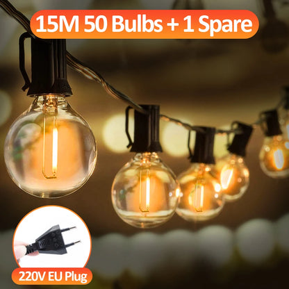 G40 LED Globe String Lights Outdoor EU Plug, IP65 Plastic Bulbs, Balcony Garland Fairy Lamps for Wedding Christmas Party Decor