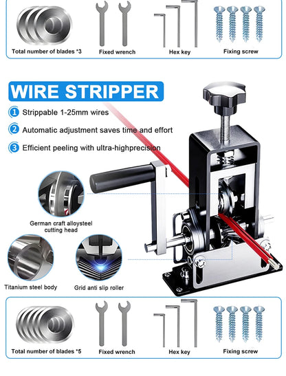 1-70mm² Wire Stripper Manual Wire Stripping Tool Cable Stripper Peeling Machine Compatible with Hand Crank Electric Drill Peeler