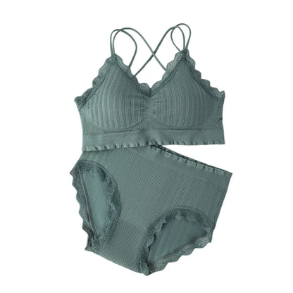 1Set Casual Lace Women Seamless Bra Set V-Neck Breathable Underwear Set Comfortable with Bra Pads Lingerie Set