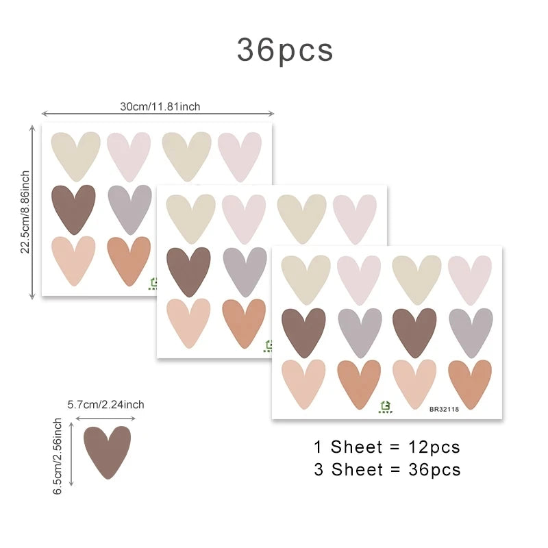 36Pcs Boho Hearts Wall Stickers For Home Living Room Children Girl Boy Bedroom Decoration Baby Nursery DIY Art Decals Wallpaper