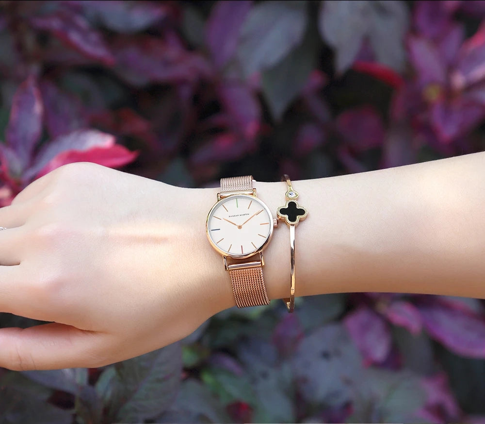 2023 New Women Bracelet Watch 1 Set Japan Quartz Movement Simple Rose Gold Stainless Steel Mesh Student Watches Relogio Feminino