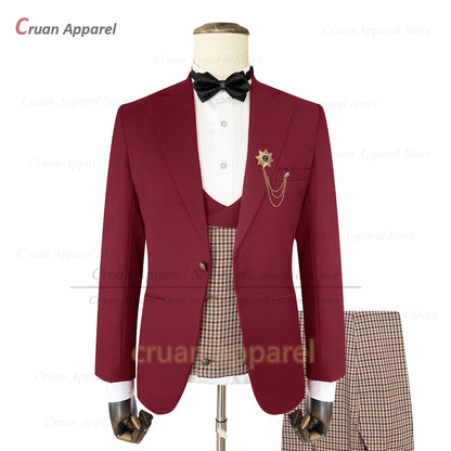 Classic Brown Suit Sets For Men Fashion Checkered Blazer Vest Pants 3 Pieces Formal Party Tailor-made Elegant Slim Fit Costumes