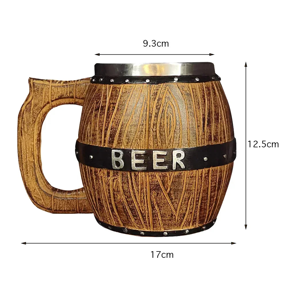 Viking Wood Style Beer Mug, Simulated Wooden Barrel Double Wall Metal Insulated Cup, 1Pc Bar Drinking Mug