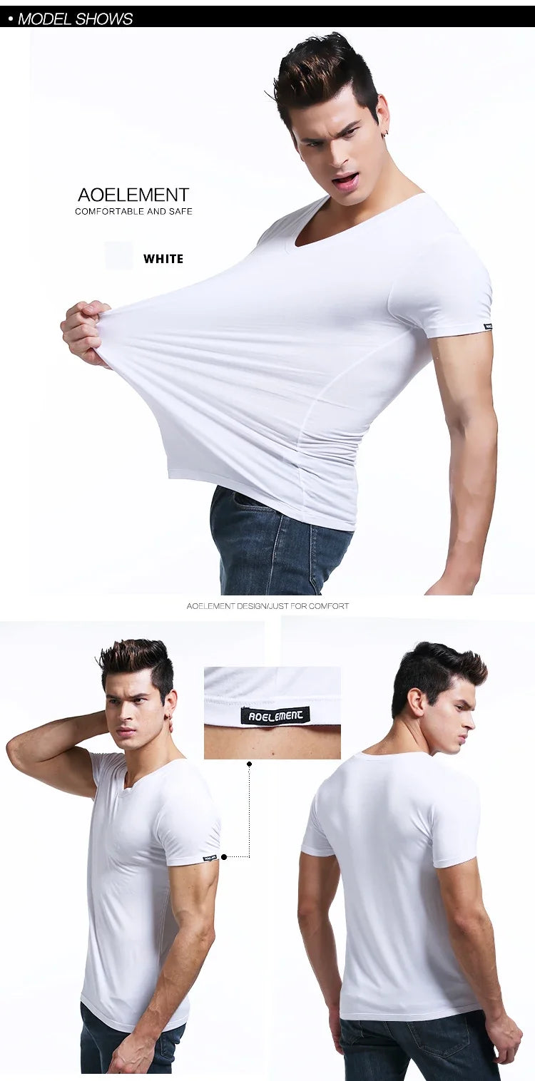 Modal summer round neck tight men's short sleeve V-neck T-shirt solid color vest T-shirt slim-fit sports undershirt