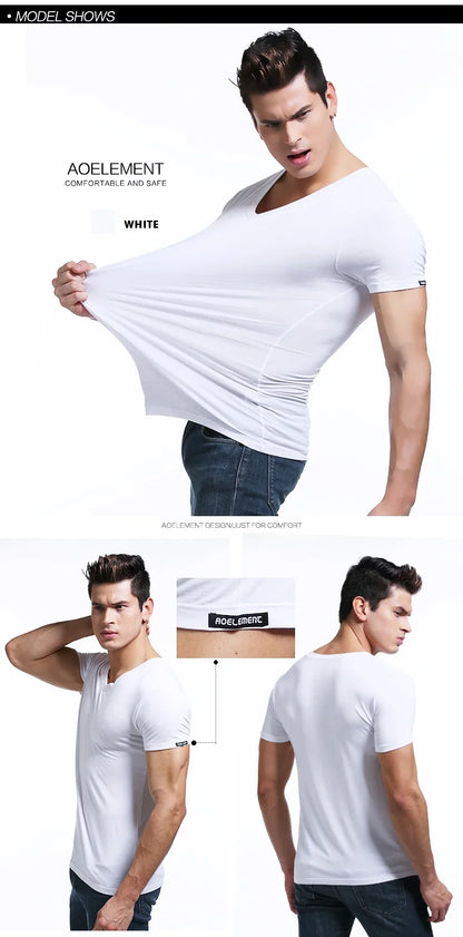 Modal summer round neck tight men's short sleeve V-neck T-shirt solid color vest T-shirt slim-fit sports undershirt
