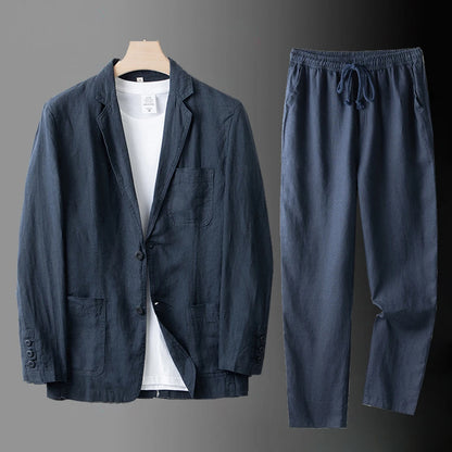 High Quality Men Blazer Jacket and Pants Man Linen Blazer  2 Piece Suit Spring Summer Thin Style Fashion Casual Set Long Sleeve