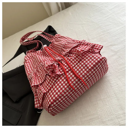 Cute Plaid Cotton Tote Bag Large Capaci Lace Trim Women's Summer 2026 Simple Lady Handbag Soft Shoulder Bags Bolsa Feminina