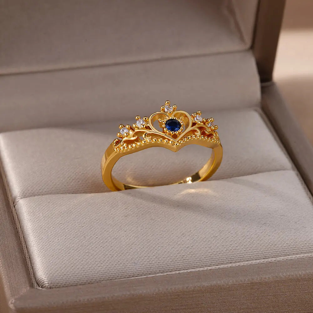 Blue Zircon Crown Rings For Women Stainless Steel Gold Color Adjustable Crown Ring 2026 Trend Design Female Wedding Jewerly Gift
