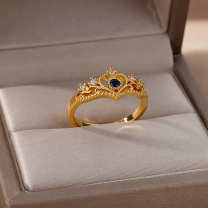 Blue Zircon Crown Rings For Women Stainless Steel Gold Color Adjustable Crown Ring 2026 Trend Design Female Wedding Jewerly Gift