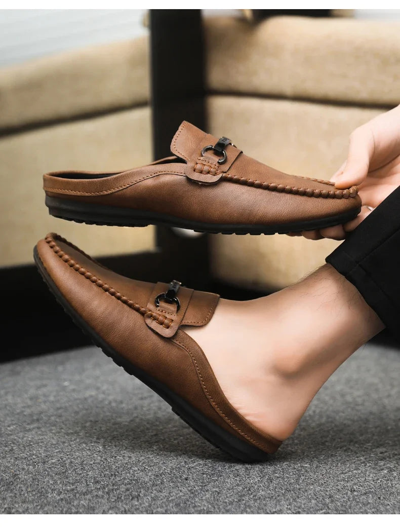 Summer Half Shoes For Men Comfortable Leather Casual Shoes Soft Flat Men's Loafers Lightweight Slip-on Shoes Man Daily Slippers