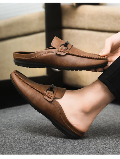 Summer Half Shoes For Men Comfortable Leather Casual Shoes Soft Flat Men's Loafers Lightweight Slip-on Shoes Man Daily Slippers