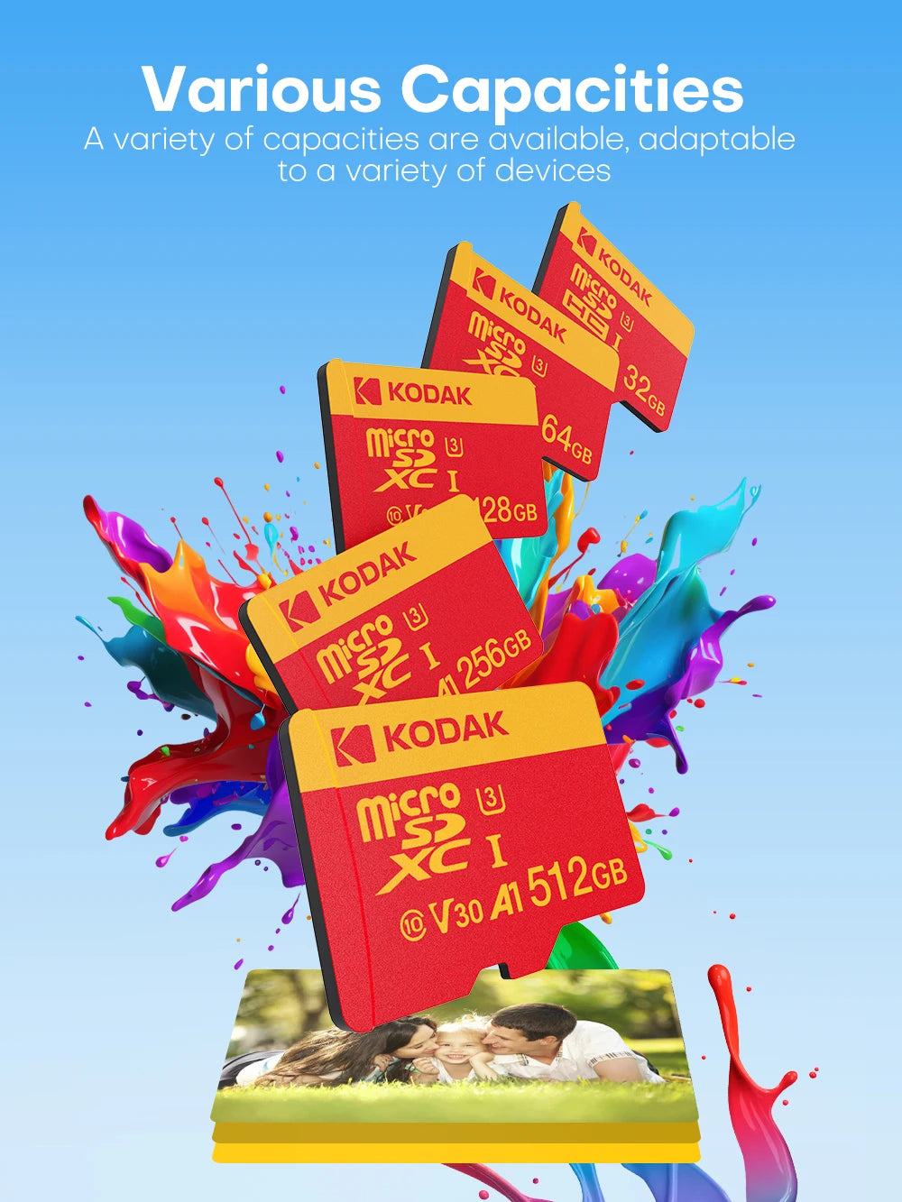 Kodak Mircosd Card with Adapter U3 V30 Class 10 Micro sd Card Memory Card TF Card 32GB/64GB/128GB/256GB Supports 4K & Full HD