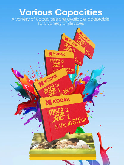 Kodak Mircosd Card with Adapter U3 V30 Class 10 Micro sd Card Memory Card TF Card 32GB/64GB/128GB/256GB Supports 4K & Full HD