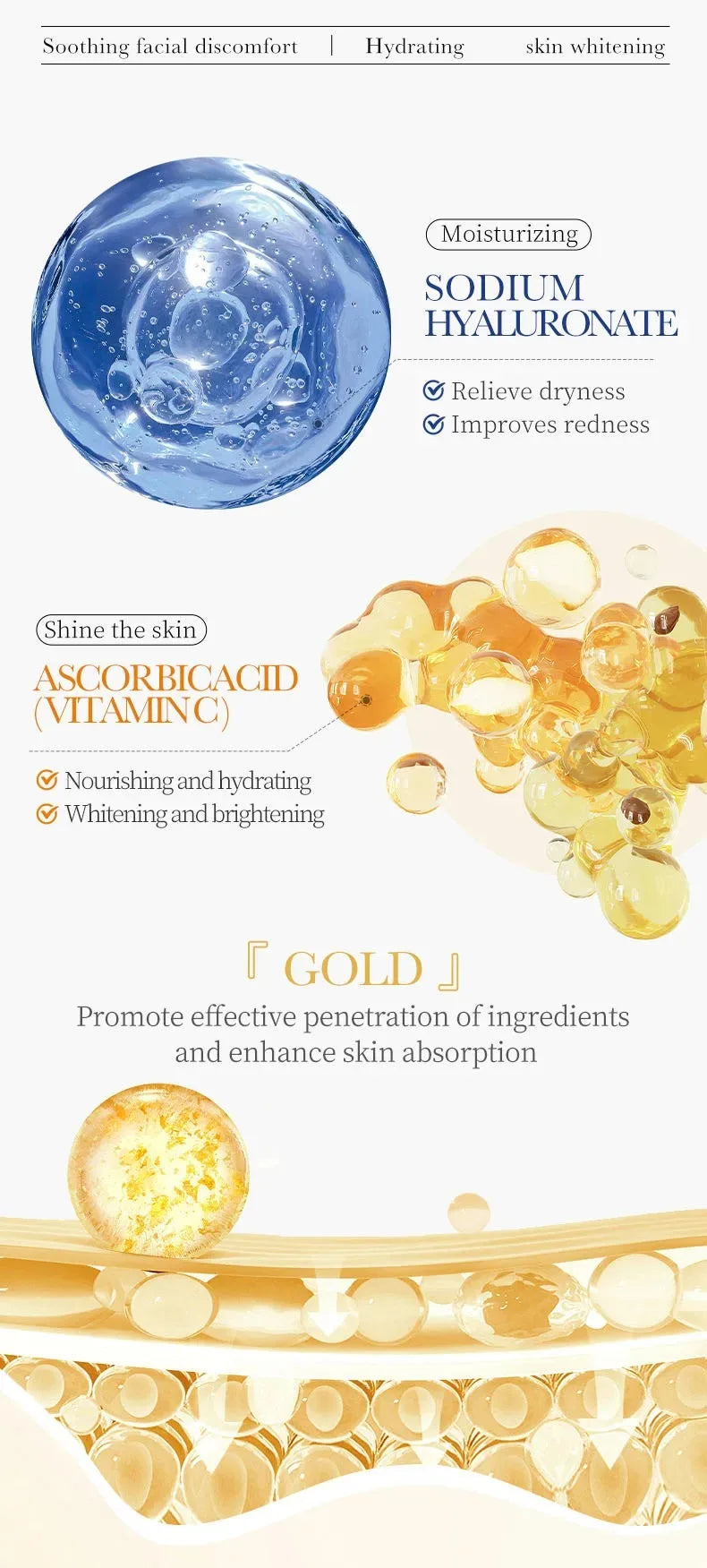 10-Piece Set Sadoer 24K Gold Vitamin C Hyaluronic Acid Mask Moisturizing Firming Hydrating Facial Care Mask Skincare Products