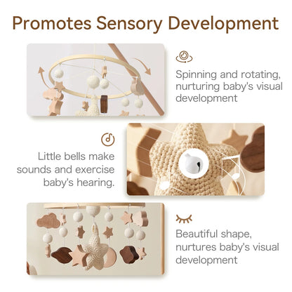 Starry Sky Crib Mobile 360 Degree Rotation Baby Toys Wooden Stars Mobile Rattle Toys Moon Bed Bell Sensory Baby Hanging Toys
