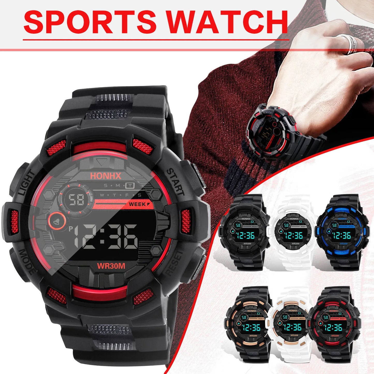 Fashion Men‘s Watch Waterproof Sports Digital Watches Men Large Dial Electronic Wristwatch Clock for Boys Child Reloj Hombre