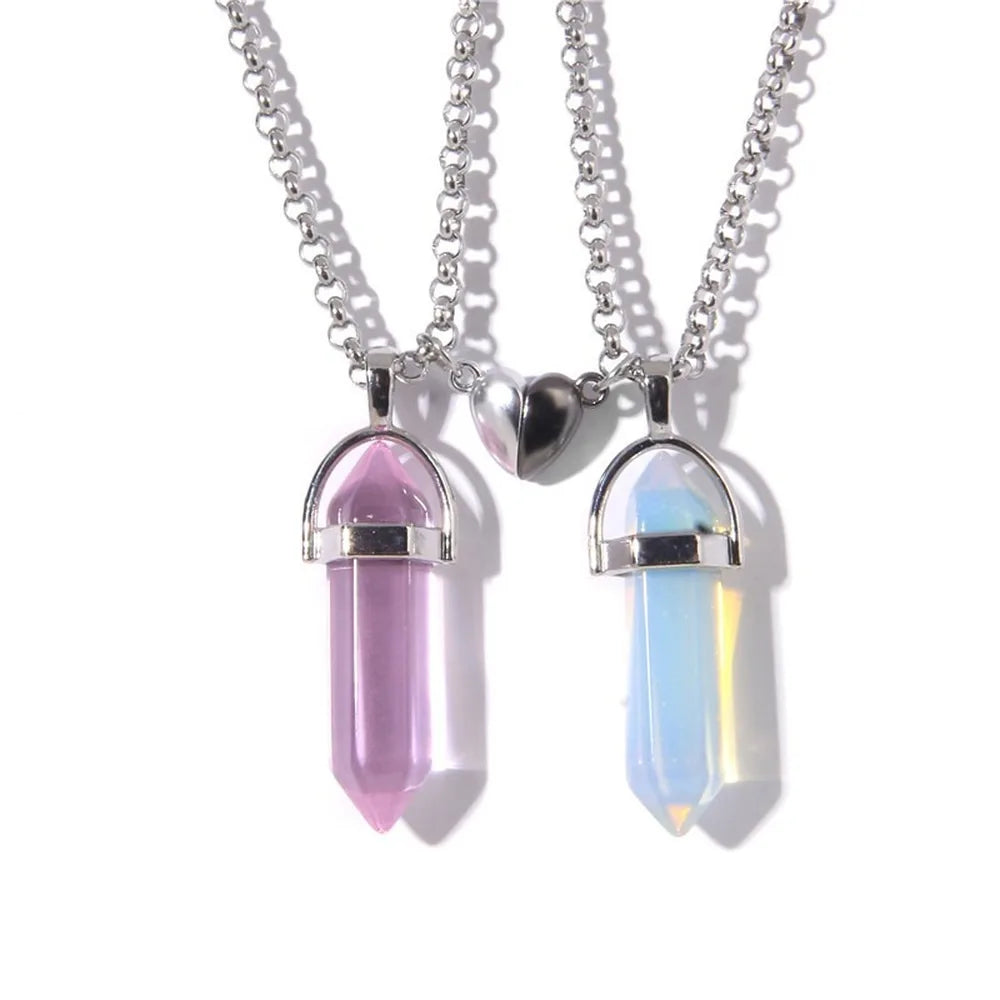 2Pcs/Set Luminous Hexagonal Column Heart Pendant Couple Magnetic Necklace Natural Stone Geometric Pendant Necklace Jewelry Gifts