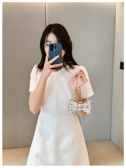 Luxury Designer Mini Bowknot Evening Bag for Women Girls Crossbody Handbag Chain Shoulder Bags Metal Purse for Party Wedding